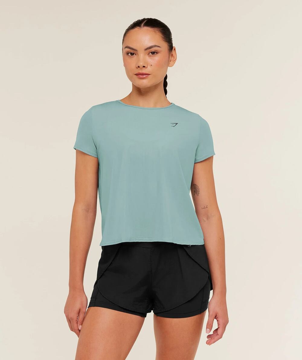 NEW Gymshark Running T Shirt Women's Storm Blue Short Sleeve Reflective Logo L